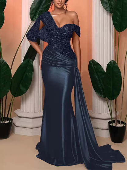 One-Shoulder Sleeveless Trumpet/Mermaid Floor-Length Wedding Guest Dresses With Sequined Details