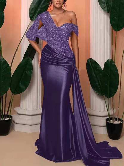 One-Shoulder Sleeveless Trumpet/Mermaid Floor-Length Wedding Guest Dresses With Sequined Details