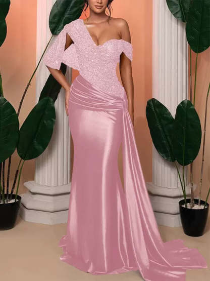One-Shoulder Sleeveless Trumpet/Mermaid Floor-Length Wedding Guest Dresses With Sequined Details
