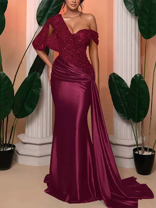One-Shoulder Sleeveless Trumpet/Mermaid Floor-Length Wedding Guest Dresses With Sequined Details