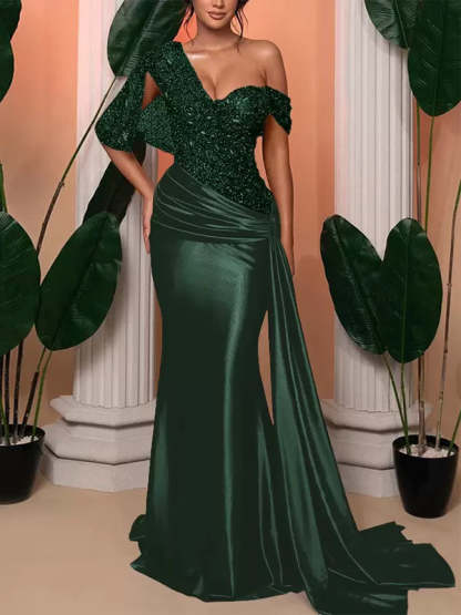 One-Shoulder Sleeveless Trumpet/Mermaid Floor-Length Wedding Guest Dresses With Sequined Details