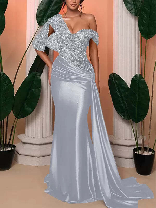 One-Shoulder Sleeveless Trumpet/Mermaid Floor-Length Wedding Guest Dresses With Sequined Details