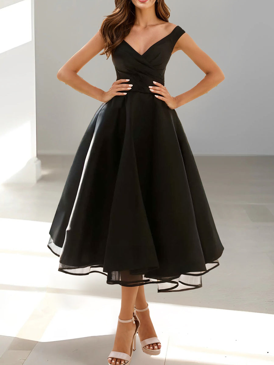 V-neck Princess A-Line Sleeveless Tea-Length Homecoming Gowns