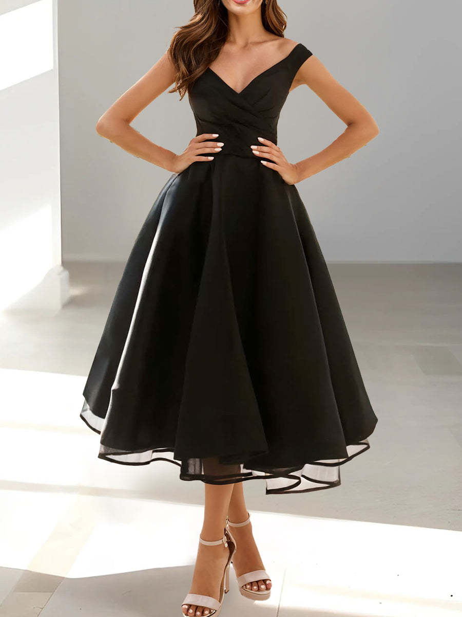 V-neck Princess A-Line Sleeveless Tea-Length Homecoming Gowns