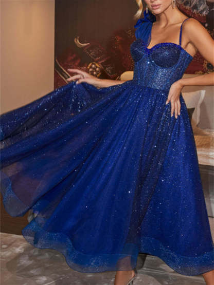 Spaghetti Strap Sleeveless A-Line Princess Tea-Length Homecoming Dress with Sequined Details