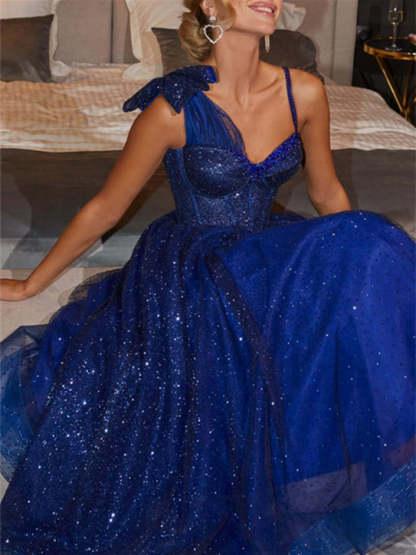 Spaghetti Strap Sleeveless A-Line Princess Tea-Length Homecoming Dress with Sequined Details