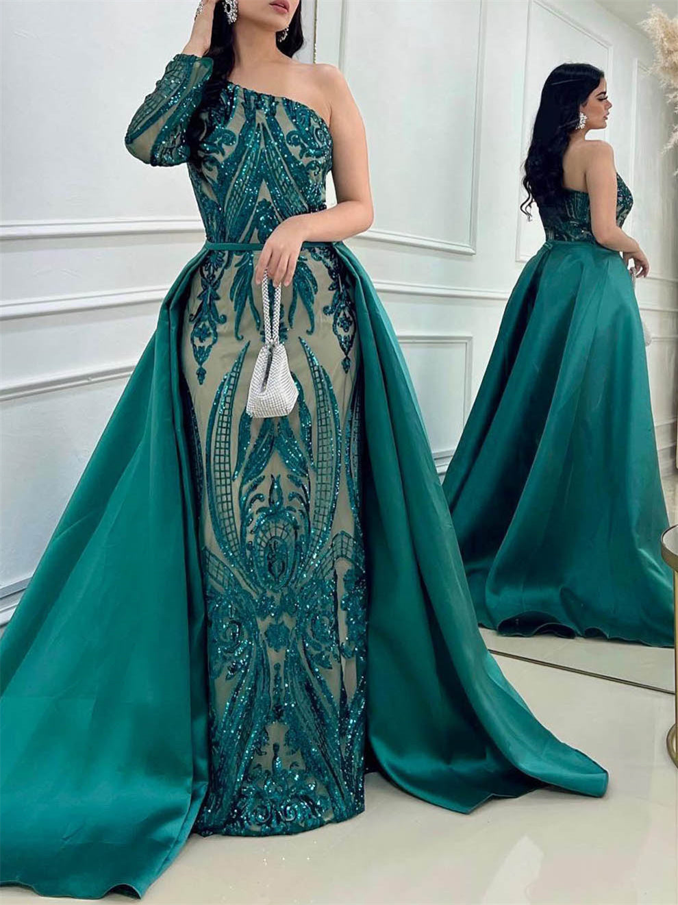 One-Shoulder Evening Gowns with Sequins in Sheath/Column Court Train Silhouettes