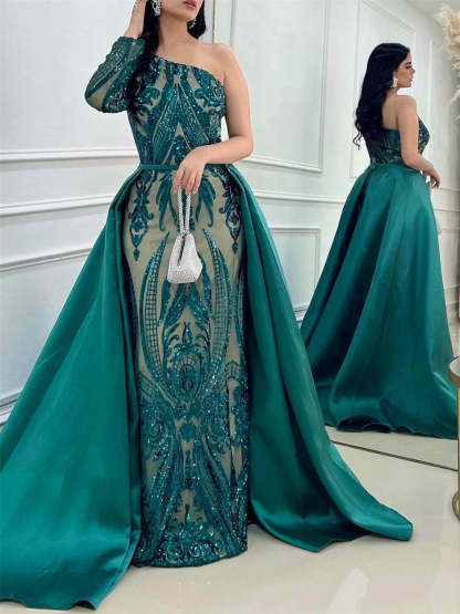 One-Shoulder Evening Gowns with Sequins in Sheath/Column Court Train Silhouettes