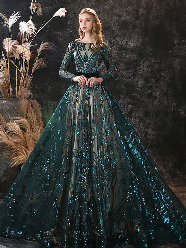 Evening Dresses With Lace in A-Line/Princess Style Scoop Neck and Long Sleeves Court Train