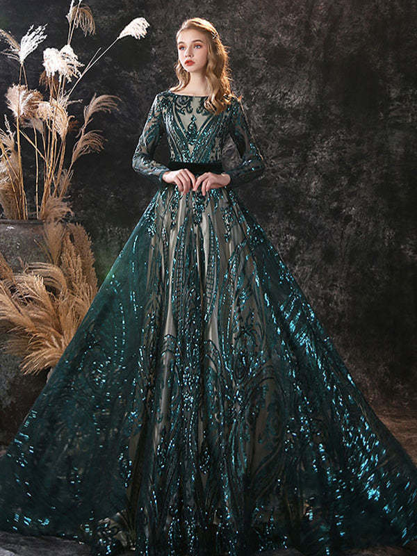 Evening Dresses With Lace in A-Line/Princess Style Scoop Neck and Long Sleeves Court Train