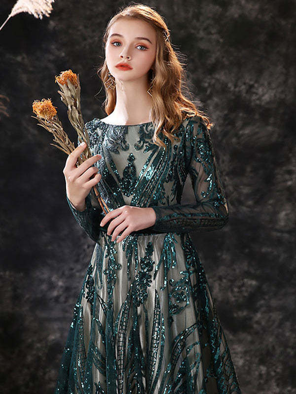 Evening Dresses With Lace in A-Line/Princess Style Scoop Neck and Long Sleeves Court Train