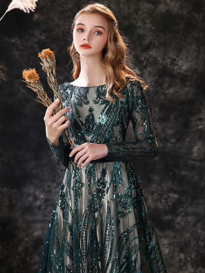 Evening Dresses With Lace in A-Line/Princess Style Scoop Neck and Long Sleeves Court Train