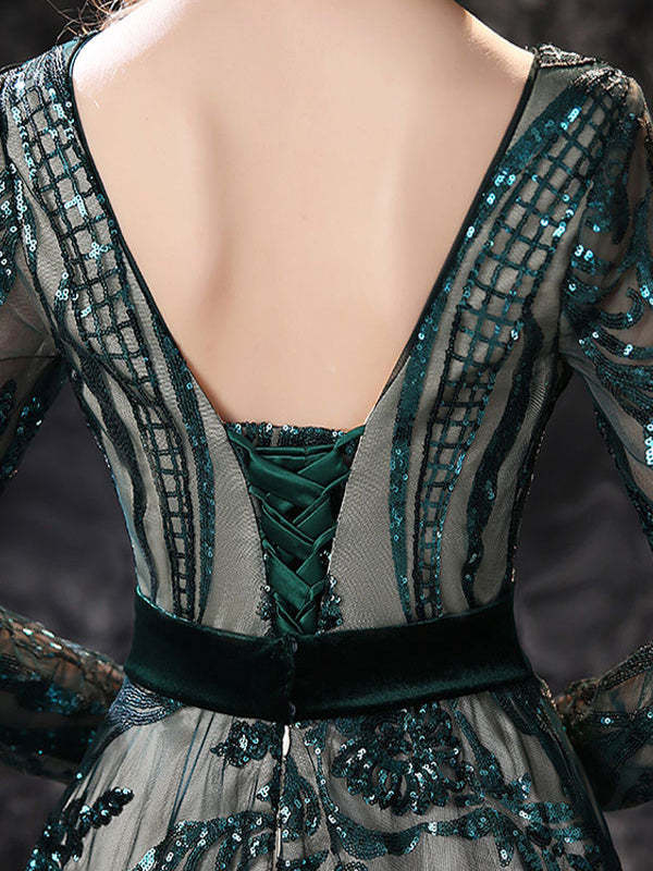 Evening Dresses With Lace in A-Line/Princess Style Scoop Neck and Long Sleeves Court Train