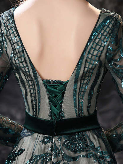 Evening Dresses With Lace in A-Line/Princess Style Scoop Neck and Long Sleeves Court Train