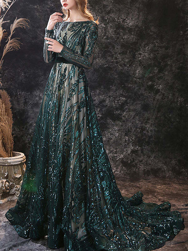 Evening Dresses With Lace in A-Line/Princess Style Scoop Neck and Long Sleeves Court Train