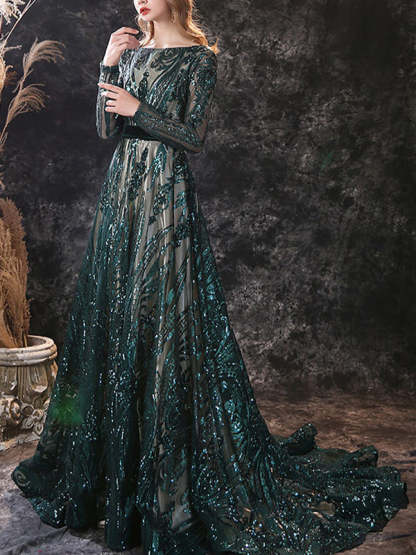 Evening Dresses With Lace in A-Line/Princess Style Scoop Neck and Long Sleeves Court Train