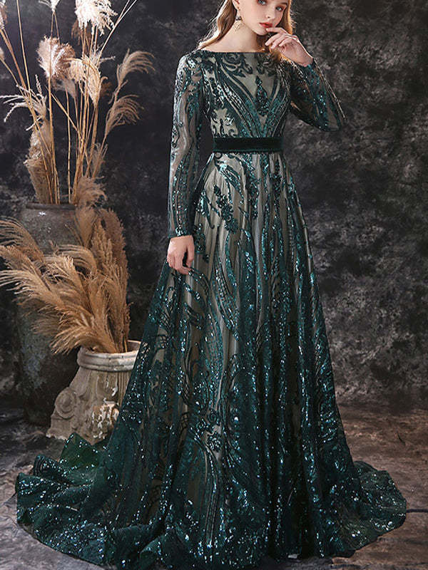 Evening Dresses With Lace in A-Line/Princess Style Scoop Neck and Long Sleeves Court Train