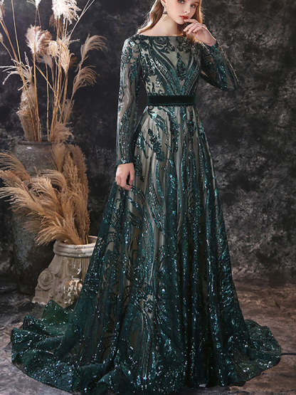 Evening Dresses With Lace in A-Line/Princess Style Scoop Neck and Long Sleeves Court Train