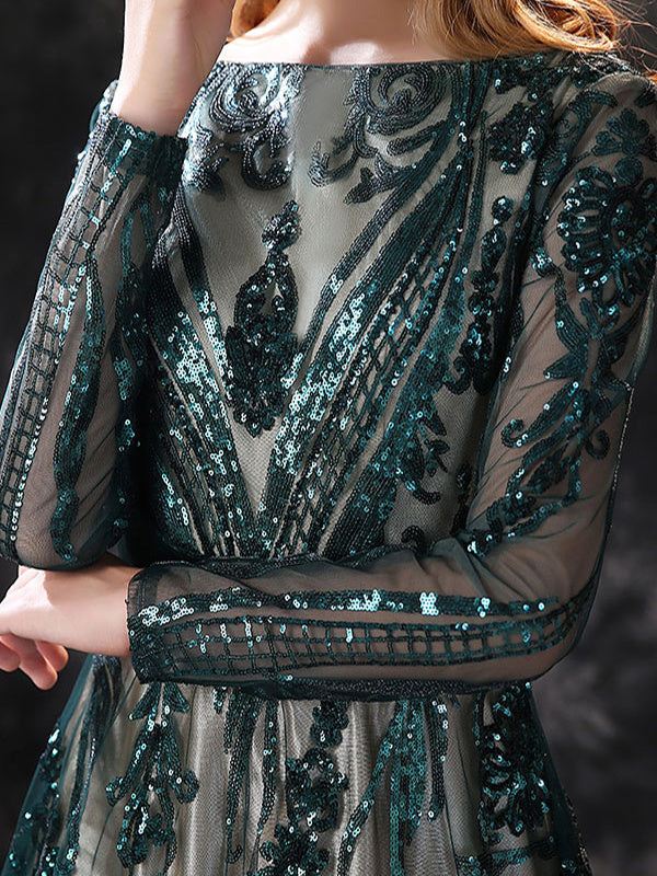 Evening Dresses With Lace in A-Line/Princess Style Scoop Neck and Long Sleeves Court Train