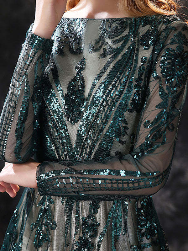 Evening Dresses With Lace in A-Line/Princess Style Scoop Neck and Long Sleeves Court Train