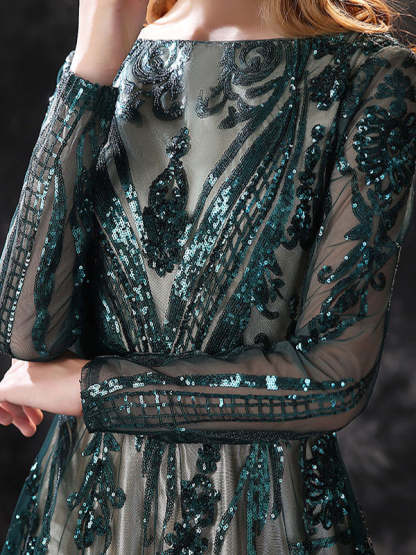 Evening Dresses With Lace in A-Line/Princess Style Scoop Neck and Long Sleeves Court Train