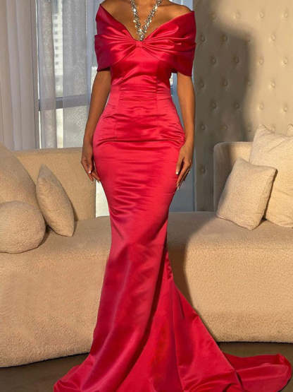 Off-the-Shoulder Short Sleeve Trumpet/Mermaid Evening Dresses With Beading and Sweep Train