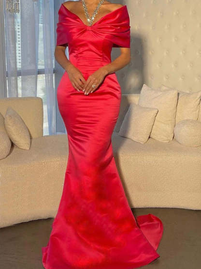 Off-the-Shoulder Short Sleeve Trumpet/Mermaid Evening Dresses With Beading and Sweep Train