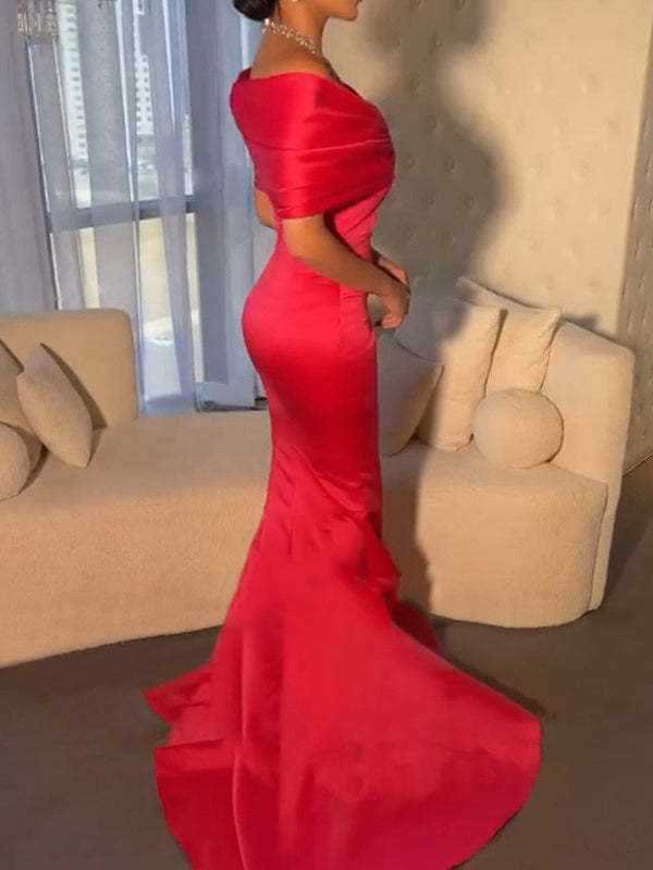 Off-the-Shoulder Short Sleeve Trumpet/Mermaid Evening Dresses With Beading and Sweep Train