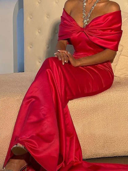 Off-the-Shoulder Short Sleeve Trumpet/Mermaid Evening Dresses With Beading and Sweep Train