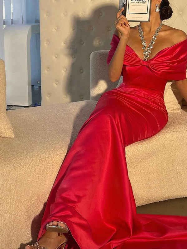 Off-the-Shoulder Short Sleeve Trumpet/Mermaid Evening Dresses With Beading and Sweep Train