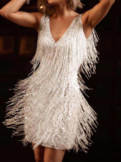 Vintage V-Neck Sequined Sheath Dress for Costume Parties