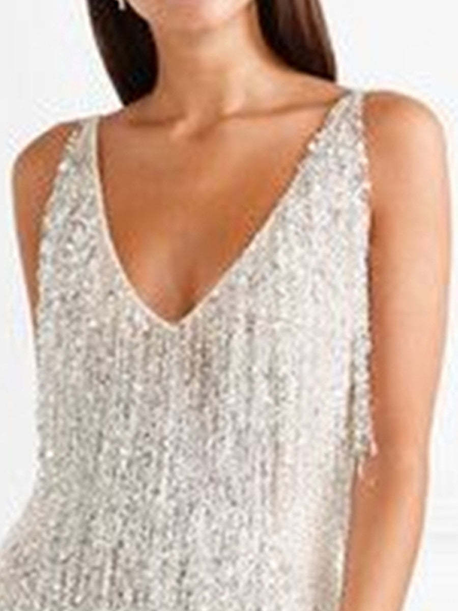Vintage 1920s Sequined Sheath Dress with V-Neck for Costume Parties