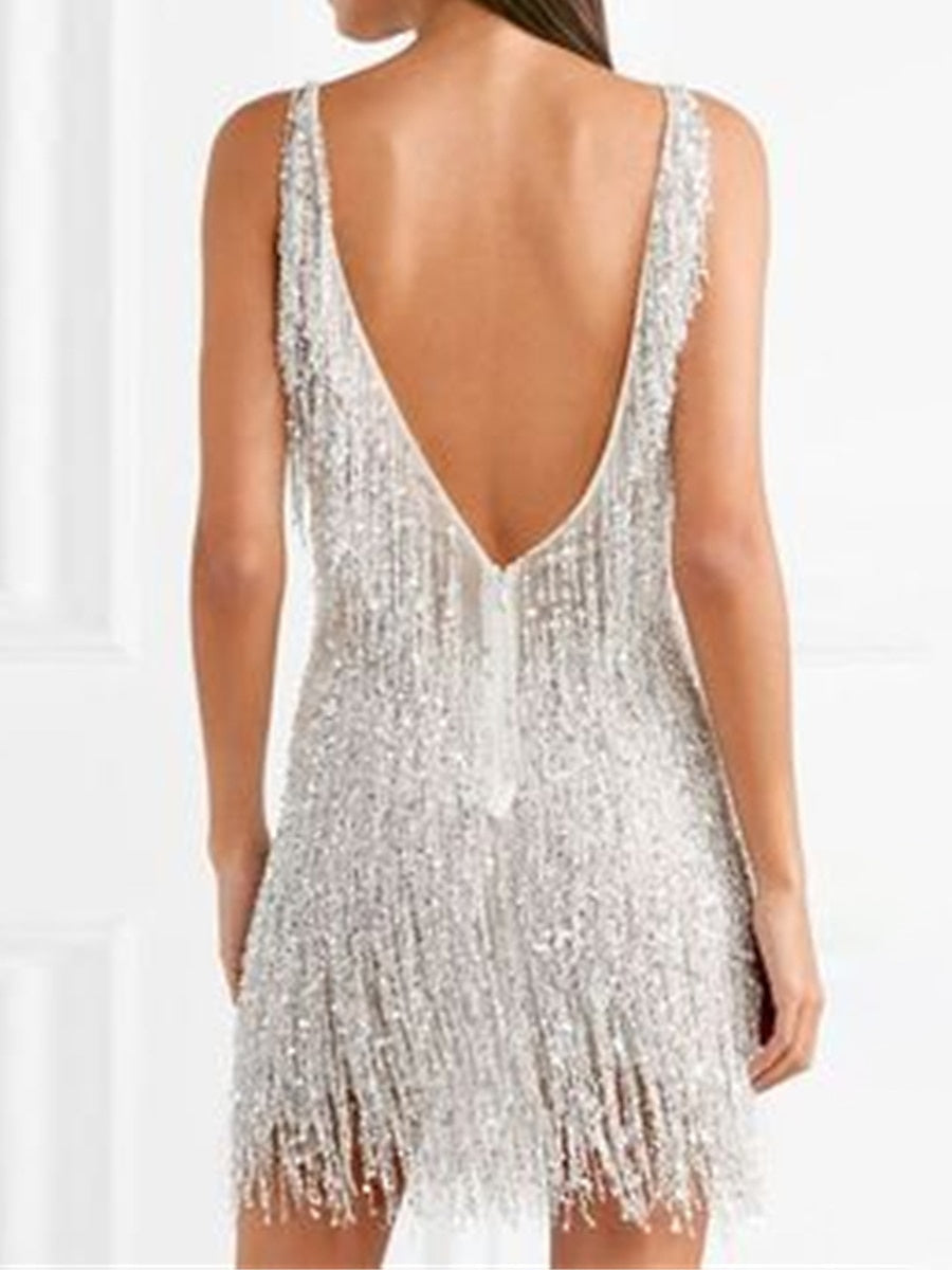 Vintage 1920s V-Neck Sheath Dress with Sequins for Costume Parties