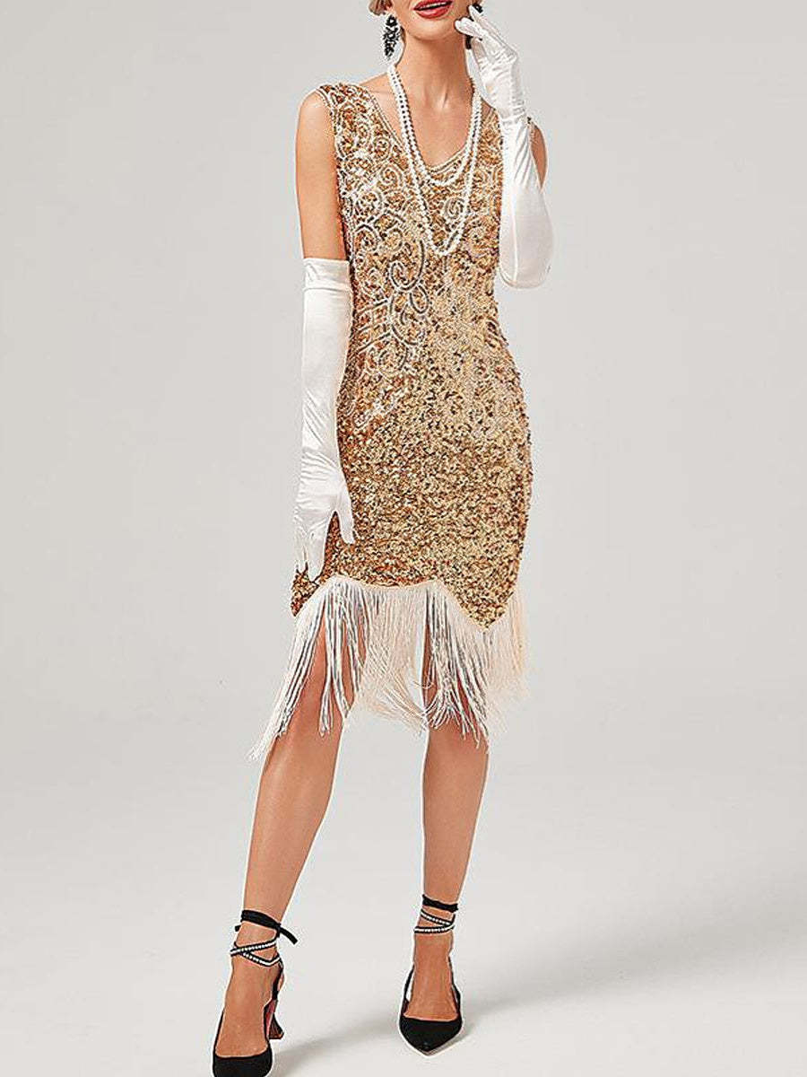 Vintage V-Neck Sheath/Column Mini Dresses with Sequins for Costume Parties