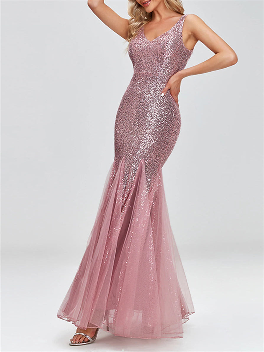 Sparkle Sequin Evening Dress with V-Neck and Mermaid/Trumpet Sleeveless Design