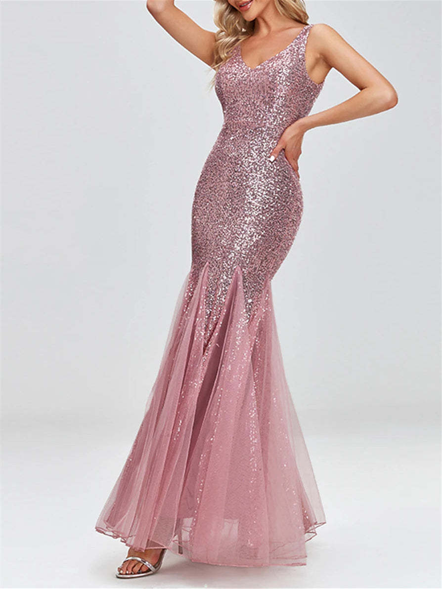Sparkle Sequin Evening Dress with V-Neck and Mermaid/Trumpet Sleeveless Design