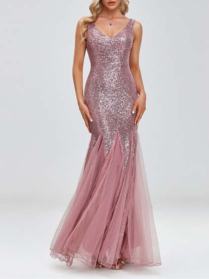 Sparkle Sequin Evening Dress with V-Neck and Mermaid/Trumpet Sleeveless Design