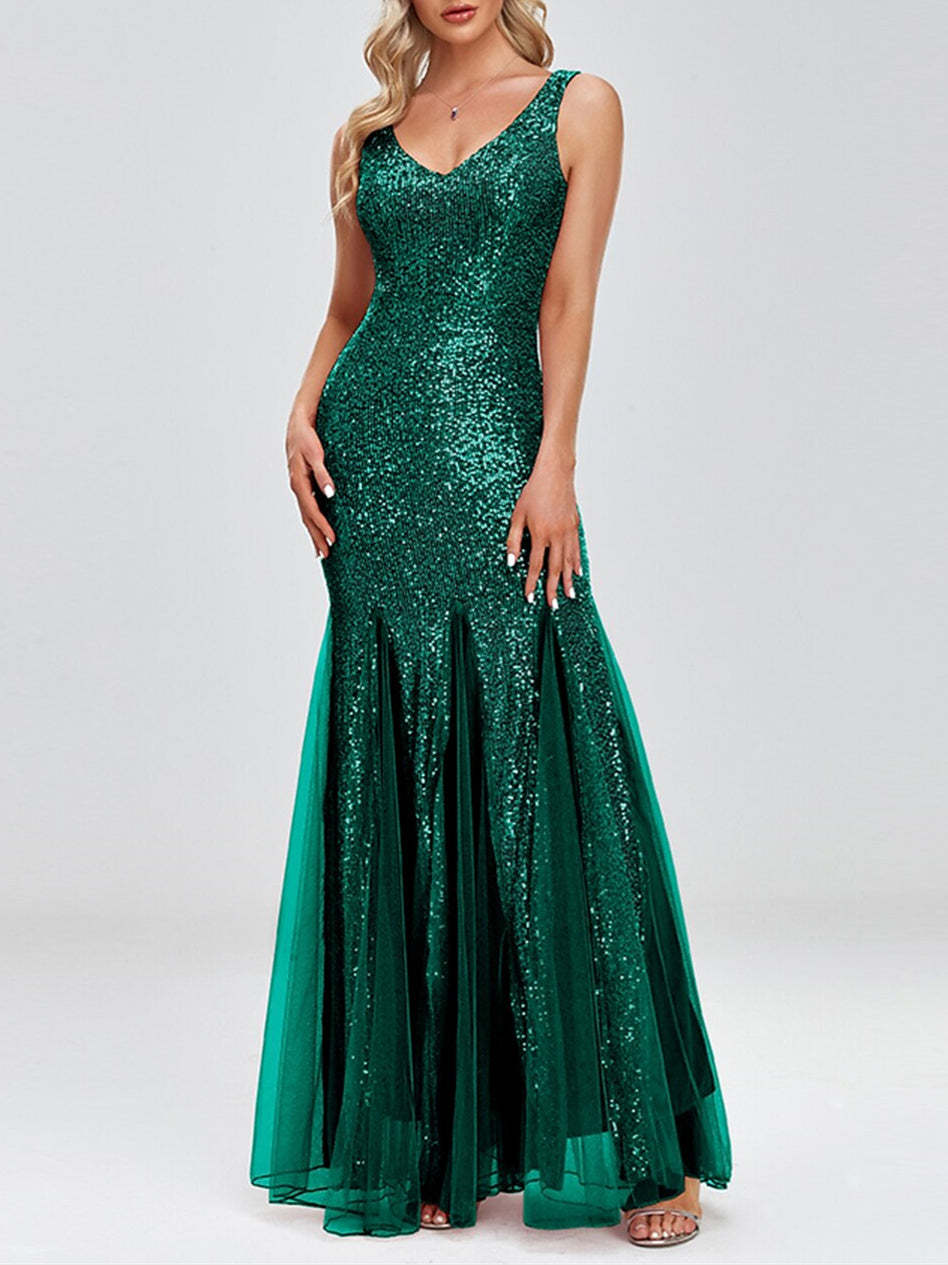Sparkle Sequin Evening Dress with V-Neck and Mermaid/Trumpet Sleeveless Design