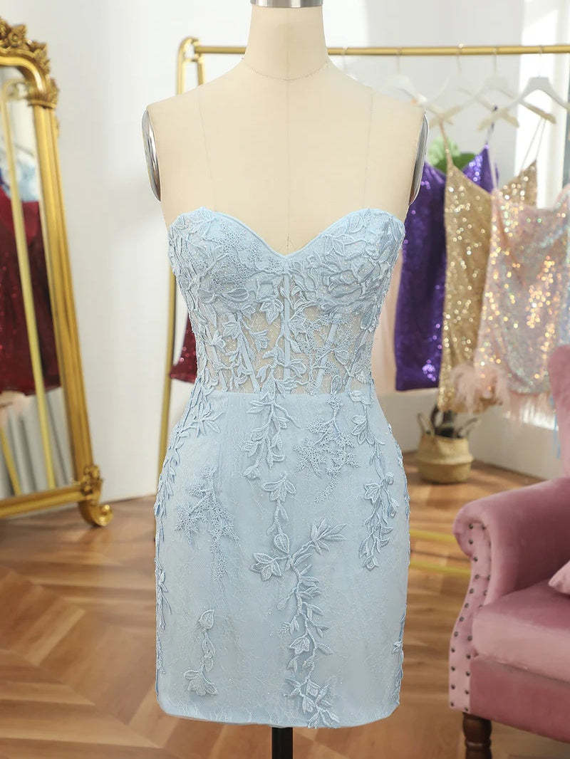 Strapless V-neck Mini Dress with Lace Appliques for Parties