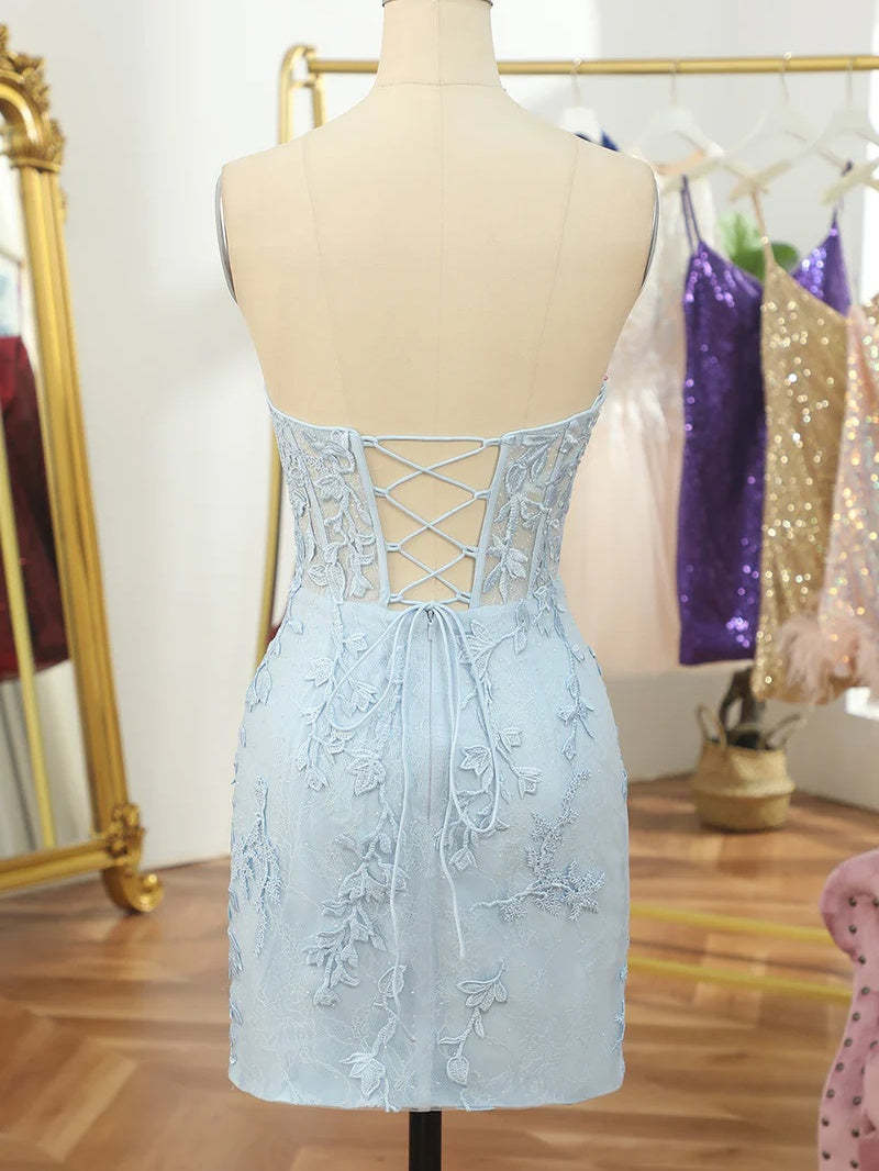 Strapless V-neck Mini Dress with Lace Appliques for Parties