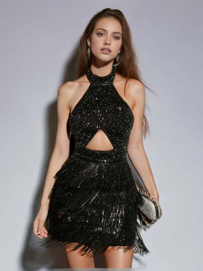 Vintage Halter Tassels Sheath/Column Mini Dresses for Costume Parties