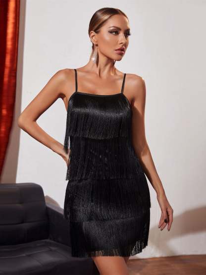 Vintage Spaghetti Strap Sheath Dress with Tassels for Costume Parties