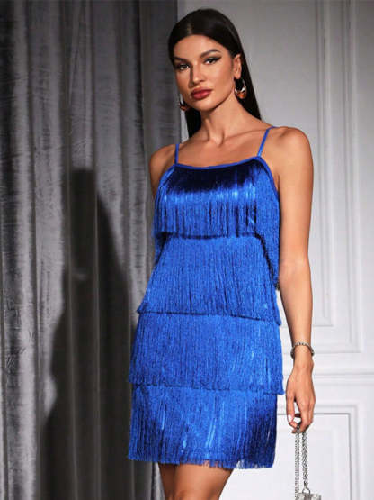 Vintage Spaghetti Strap Sheath Dress with Tassels for Costume Parties