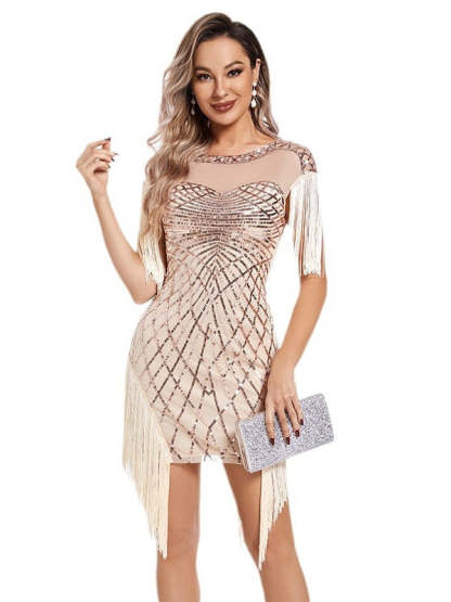 Vintage 1920s Short Party Dresses with Jewel Neck and Sequin Sheath/Column