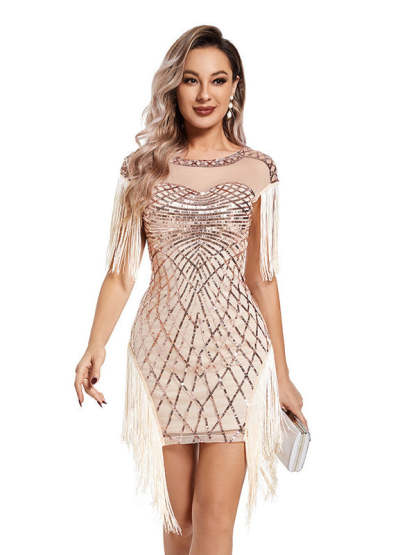 Vintage 1920s Short Party Dresses with Jewel Neck and Sequin Sheath/Column