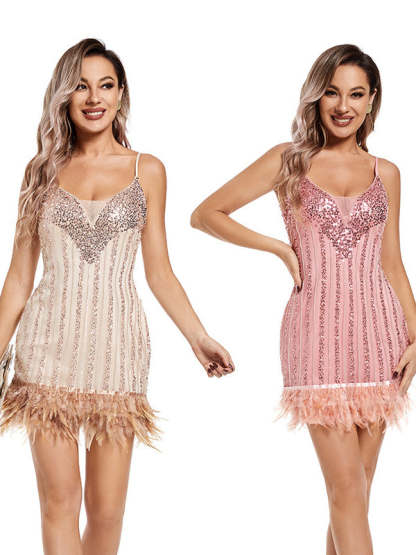 Vintage 1920s Feather-Trimmed Short Party Dress with Spaghetti Straps