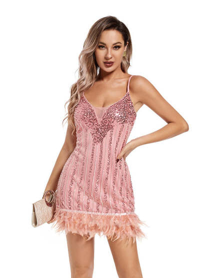 Vintage 1920s Feather-Trimmed Short Party Dress with Spaghetti Straps