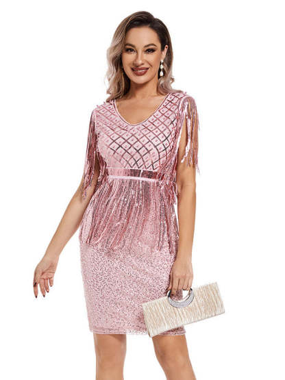 Vintage 1920s V-Neck Mini Dress with Tassels in Sheath/Column Style