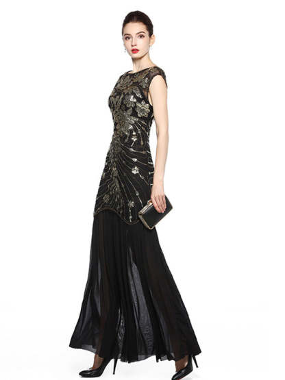 Vintage 1920s Ankle-Length Party Dresses with Sequins and Jewel Neck in Column/Sheath Style
