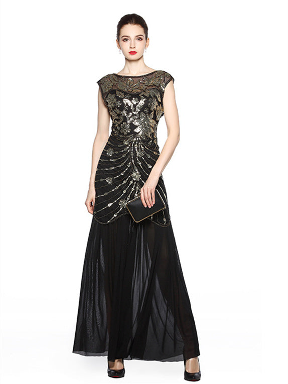 Vintage 1920s Ankle-Length Party Dresses with Jewel Neck and Sequins